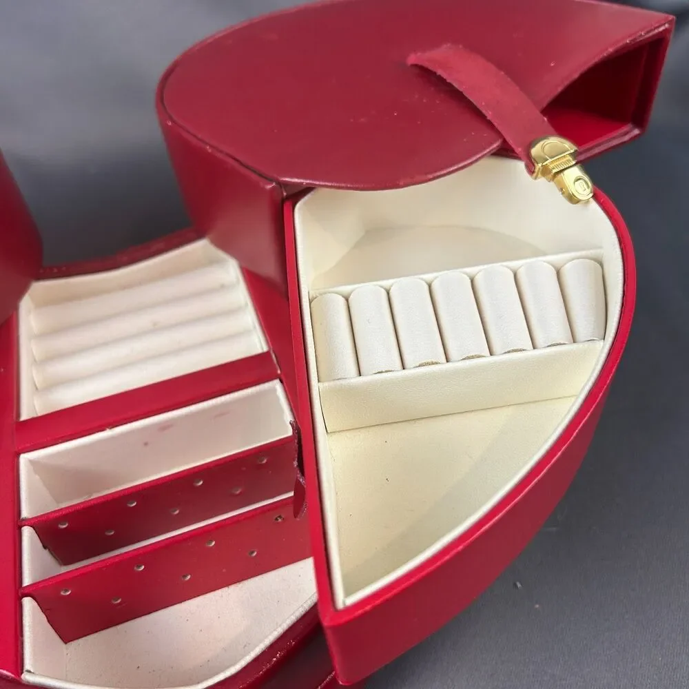 Vintage Wolf Designs Red Leather Heart Shape Jewelry Box Swing Out Design